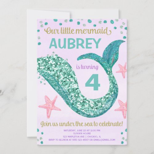 Mermaid glitter tail pink purple teal birthday invitation
