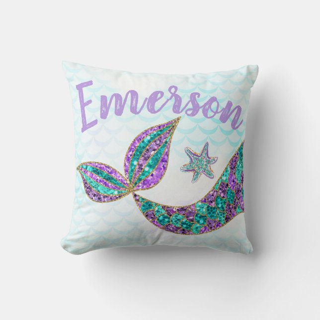 mermaid glitter tail with your name, throw pillow (Front)