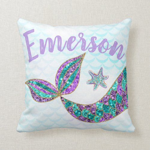 mermaid glitter tail with your name, throw pillow