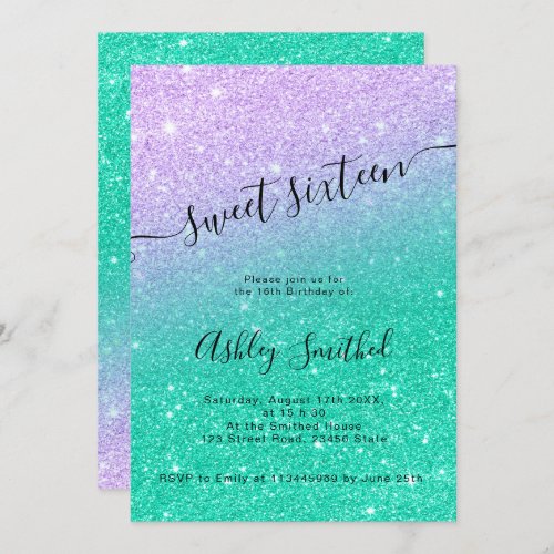 Mermaid glitter turquoise ombre chic sweet 16 2 invitation