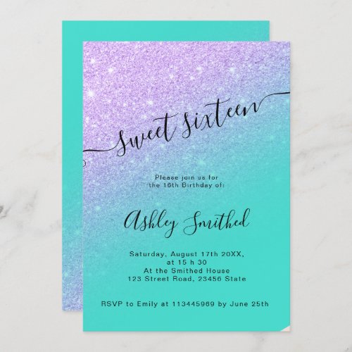 Mermaid glitter turquoise ombre chic sweet 16 invitation