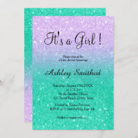 Mermaid glitter turquoise ombre girl baby shower invitation