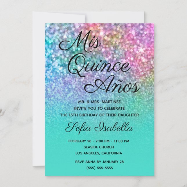 Mermaid Glitter Turquoise Ombre Mis Quince Años Invitation (Front)