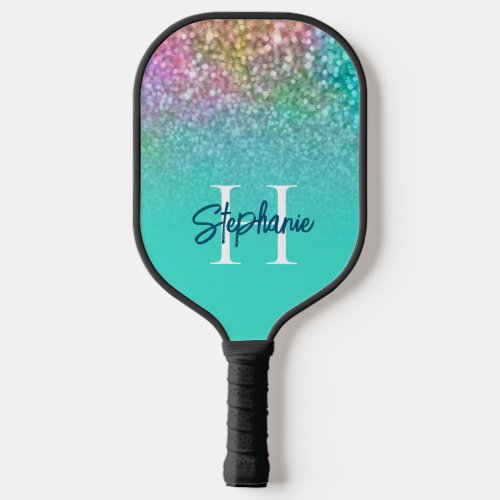 Mermaid Glitter Turquoise Ombre Monogram Pickleball Paddle