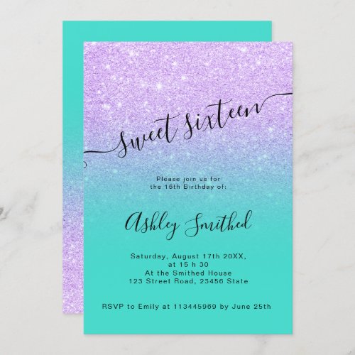 Mermaid glitter turquoise ombre script sweet 16 invitation