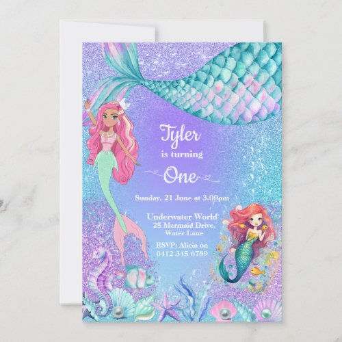 Mermaid Glitter Under the Sea Birthday invitation