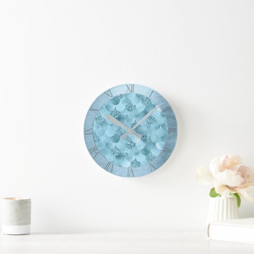 Mermaid Glitz Pattern  Muted Turquoise Blue Scale Round Clock