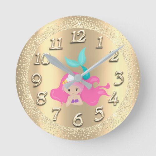Mermaid Gold Aqua Crystals Girly Glitter Pink Glam Round Clock