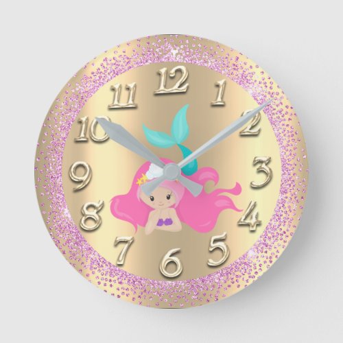 Mermaid Gold Aqua Crystals Girly Glitter Pink VIP Round Clock