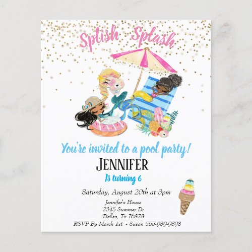 Mermaid Gold Confetti Pool Party Birthday Invitati