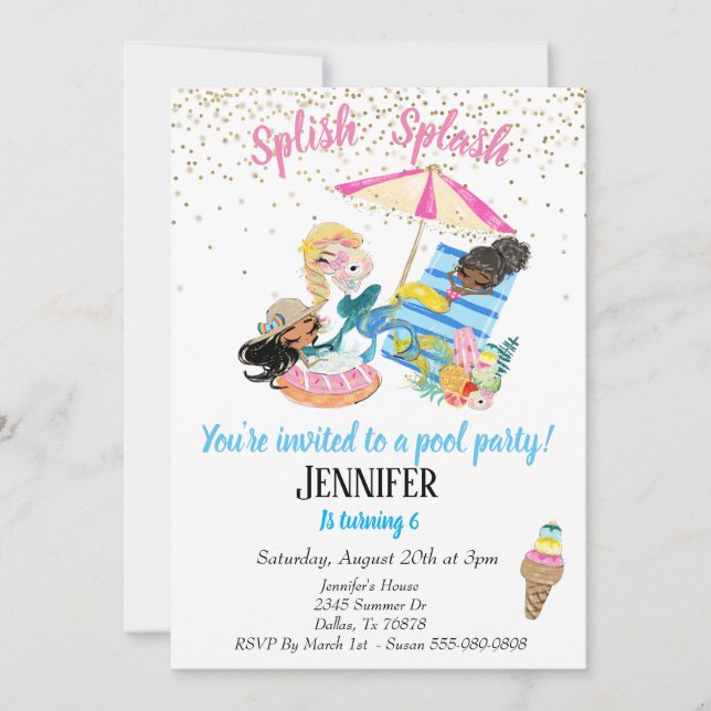 Mermaid Gold Confetti Pool Party Birthday Invitation (Front)