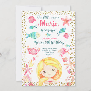 Mermaid Gold Confetti Sea Girl Birthday Party Invitation