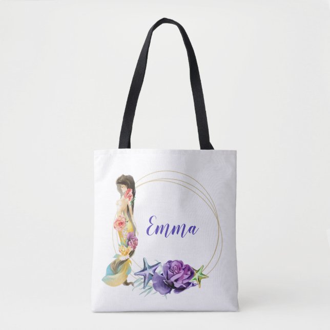 Mermaid Gold Frame  Floral Personalized Monogram Tote Bag (Front)