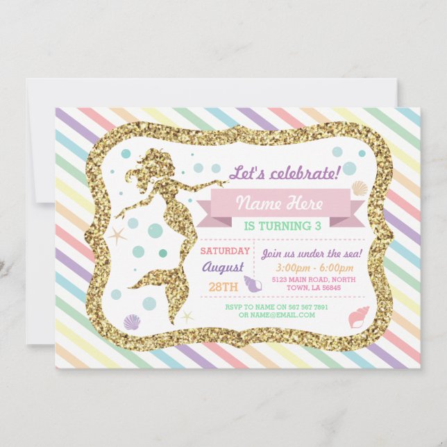 Mermaid Gold Glitter Rainbow Stripe Invitation (Front)