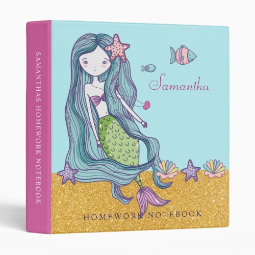 Mermaid Gold Sparkle School 3 Ring Binder