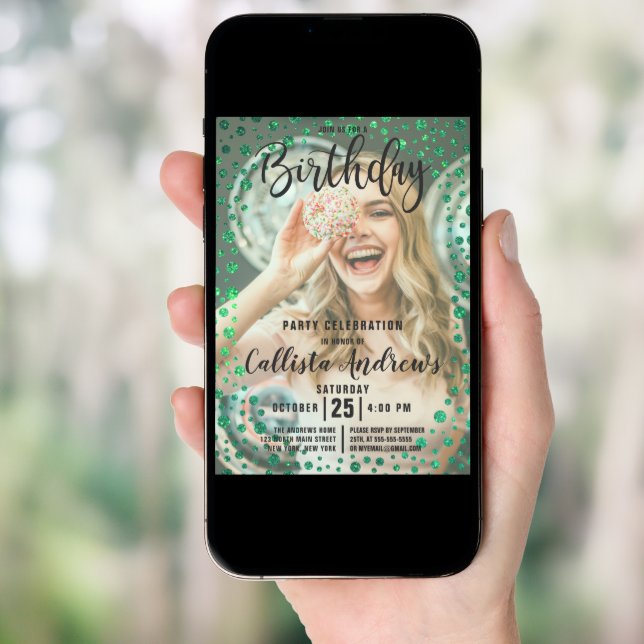 Mermaid Green Glitter Confetti Photo Birthday Invitation (Front Digital)