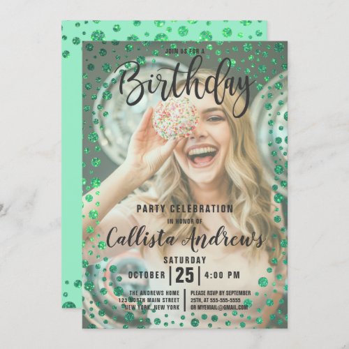 Mermaid Green Glitter Confetti Photo Birthday Invitation