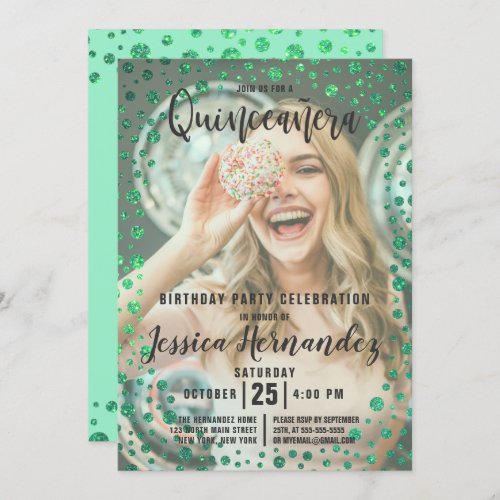 Mermaid Green Glitter Confetti Photo Quinceaera Invitation