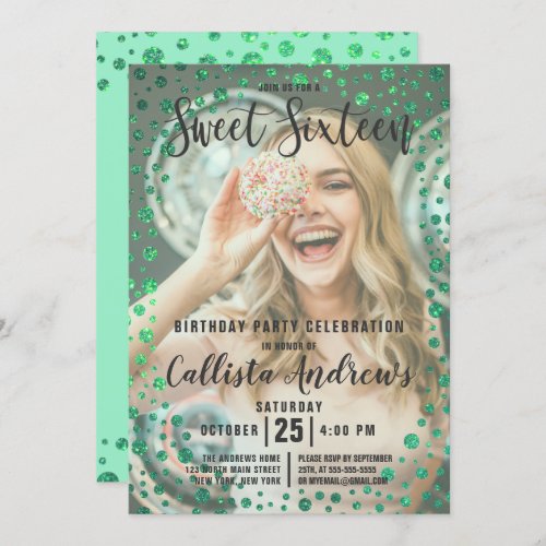 Mermaid Green Glitter Confetti Photo Sweet 16 Invitation