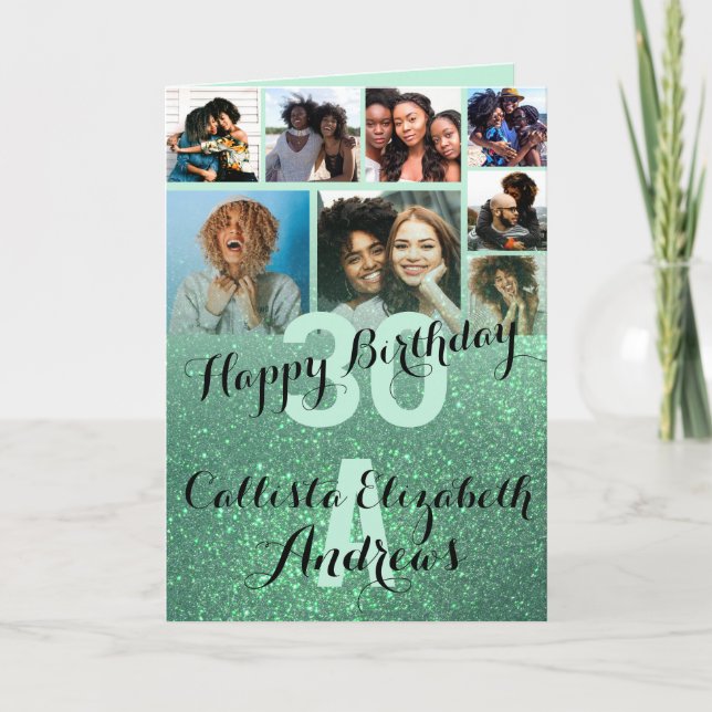 Mermaid Green Glitter Photo Collage Happy Birthday Card (Front)