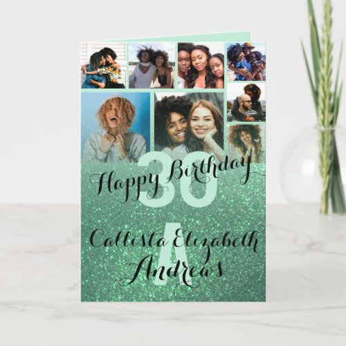 Mermaid Green Glitter Photo Collage Happy Birthday Card