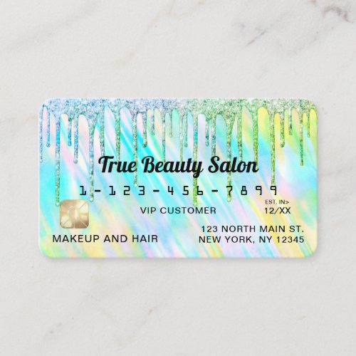 Mermaid Green Holographic Glitter Drips Credit Business Card