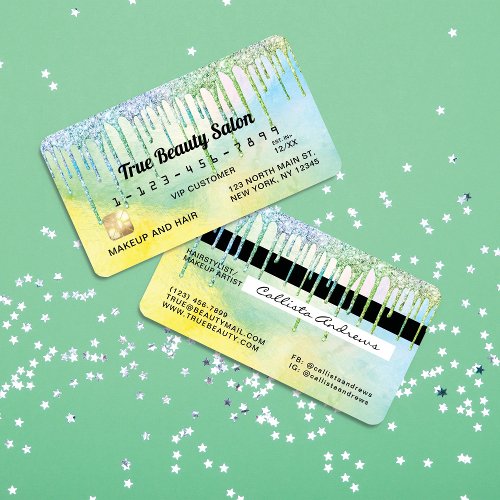 Mermaid Green Holographic Glitter Drips Credit Business Card