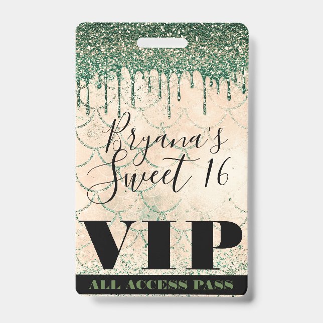 Mermaid Green Peach Glitter Drip Sweet 16 VIP Pass Badge (Front)