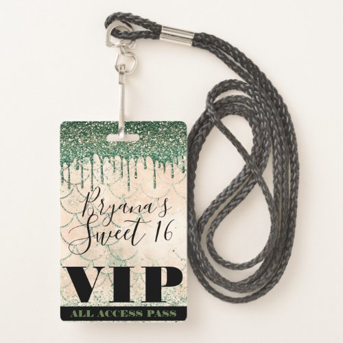 Mermaid Green Peach Glitter Drip Sweet 16 VIP Pass Badge