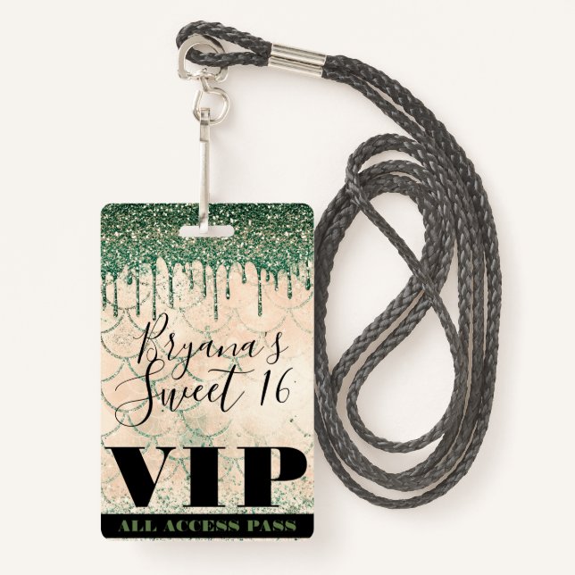 Mermaid Green Peach Glitter Drip Sweet 16 VIP Pass Badge (Front with Lanyard)