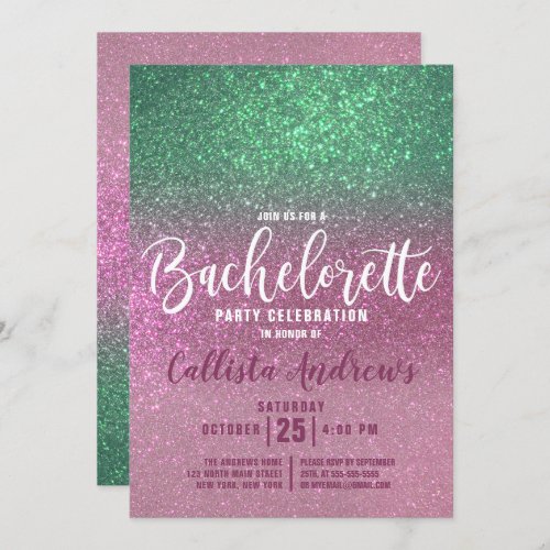 Mermaid Green Pink Triple Glitter Bachelorette Invitation