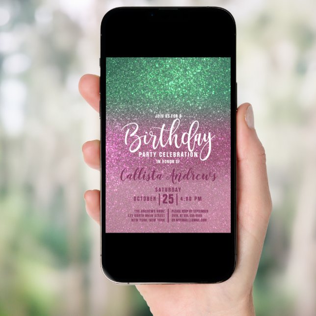 Mermaid Green Pink Triple Glitter Ombre Birthday Invitation (Front Digital)