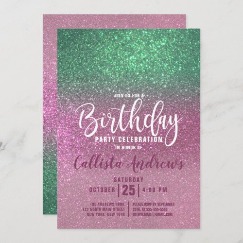 Mermaid Green Pink Triple Glitter Ombre Birthday Invitation