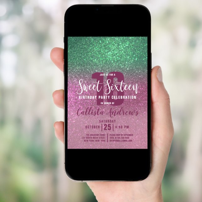 Mermaid Green Pink Triple Glitter Ombre Sweet 16 Invitation (Front Digital)