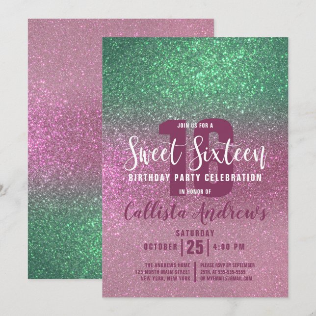Mermaid Green Pink Triple Glitter Ombre Sweet 16 Invitation (Front/Back)