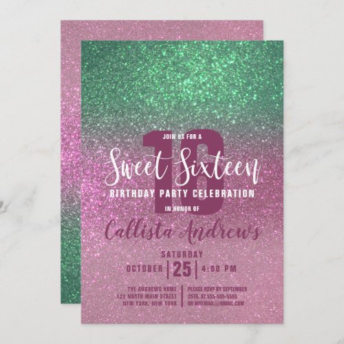 Mermaid Green Pink Triple Glitter Ombre Sweet 16 Invitation