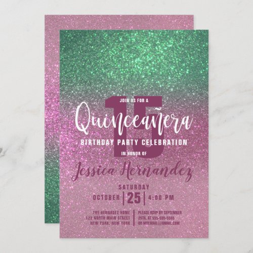 Mermaid Green Pink Triple Glitter Quinceaera Invitation
