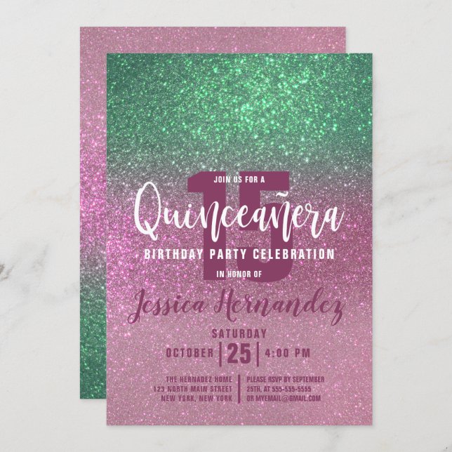 Mermaid Green Pink Triple Glitter Quinceañera Invitation (Front/Back)