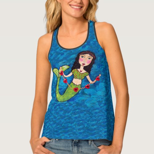 Mermaid Green Tail Red String of Hearts on Blue Tank Top