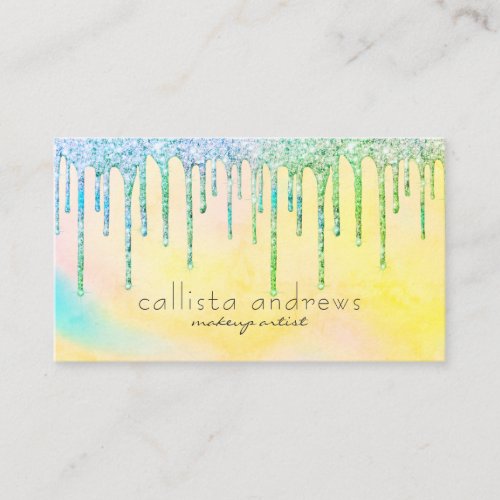 Mermaid Green Yellow Glitter Drips Makeup Artist Business Card