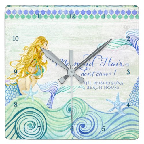 Mermaid Hair Beach House Personalized Watercolor Square Wall Clock