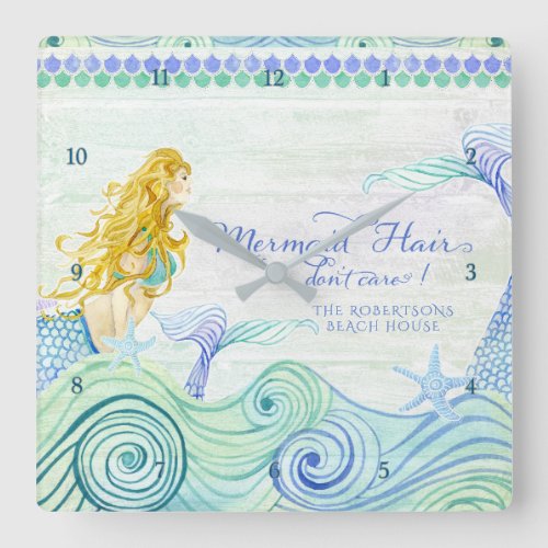 Mermaid Hair Beach House Personalized Watercolor Square Wall Clock