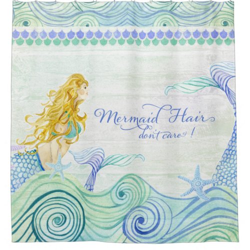 Mermaid Hair Dont Care Watercolor Ocean Sea Wave Shower Curtain