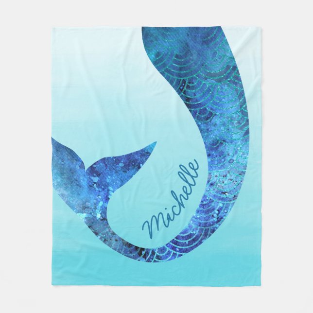 Mermaid Half Fun Custom Name Blue Fleece Blanket (Front)