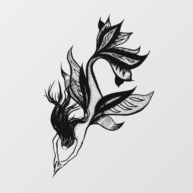 Mermaid hand drawn ink drawing wall decal  (Front)