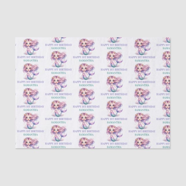 Mermaid happy 1st birthday purple and turquoise tissue paper (Front)