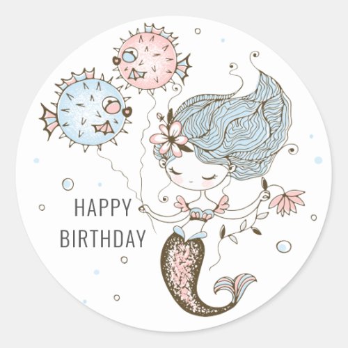 Mermaid Happy Birthday Classic Round Sticker