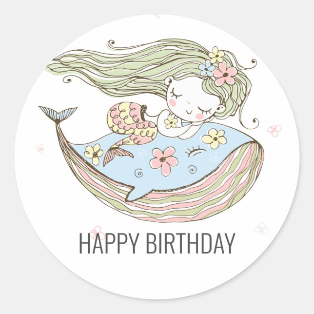 Mermaid Happy Birthday Classic Round Sticker (Front)