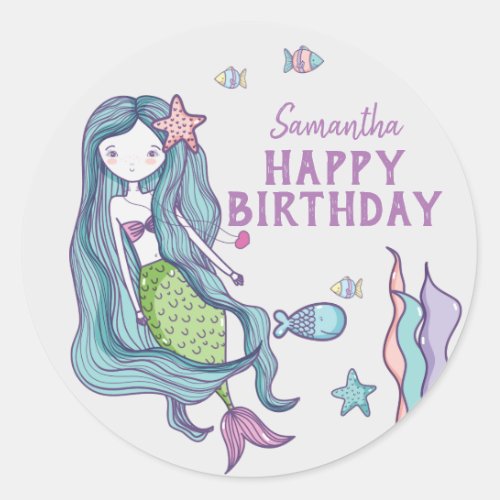 Mermaid Happy Birthday Personalized Classic Round Sticker