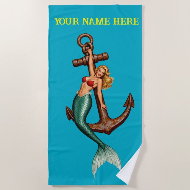 Mermaid holding onto Vintage Ships Anchor Beach Towel (Front)
